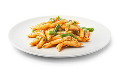 Plate with tasty pasta on white background
