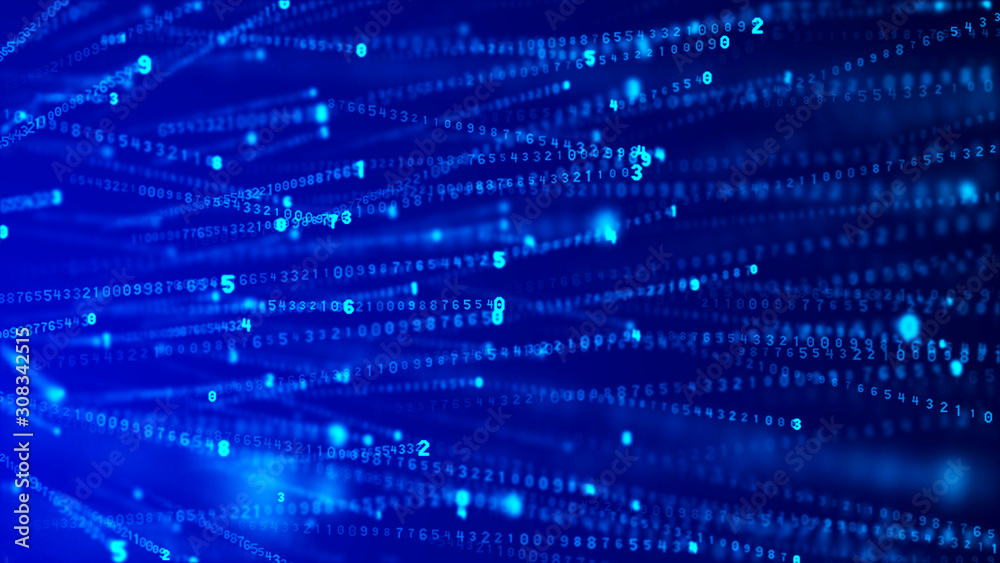 Poster Data technology background. Big data visualization. Flow of data. Information code. Background in a matrix style. 3D rendering.