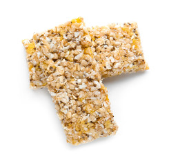 Tasty granola bars on white background