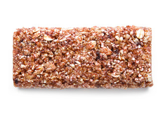 Tasty granola bar on white background