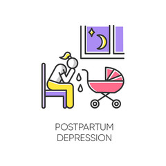 Postpartum depression color icon. Crying woman. Delivering infant. Stress and anxiety. Exhaustion and insomnia. Tired mother. Mental problem. Postnatal anxiety. Isolated vector illustration