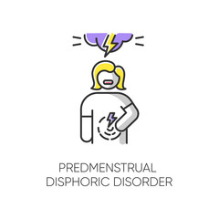 Predmenstrual dysphoric disorder color icon. Menstrual cramp. Woman in pain. Physical tension. PMS. Premenstrual health care. Emotional girl. Low mood. Mental issue. Isolated vector illustration