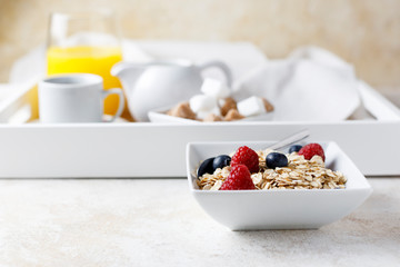 Healthy breakfast with juice and coffee