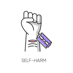 Self-harm color icon. Cut hand with razor blade. Open wound. Mental disorder. Psychological issue. Nonsuicidal injury. Hurt vein. Self-inflicted violence. Isolated vector illustration