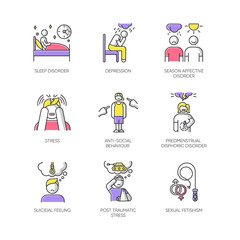 Mental disorder color icons set. Sleep deprivation. Depression. Season affective disorder. Stress, PTSD. Anti-social behaviour. Predmenstrual dysphoria. Suicidal feeling. Isolated vector illustrations