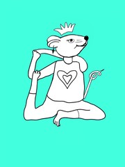Mouse yoga on a turquois background - Fantasy character. Symbol of 2020. Contour drawing mouse yoga (rat), coloring page. One Element. Seamless pattern for printing on fabric, wrapping paper, postcard