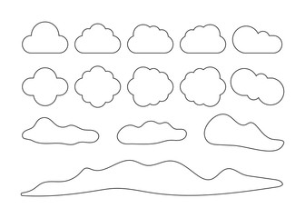 Big set lines clouds of different design on white background. Vector illustration.