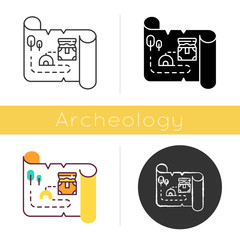 Treasure map icon. Ancient manuscript. Old scroll. Treasure chest location. Historical artifacts. Mystery parchment. Pirate gold. Flat design, linear and color styles. Isolated vector illustrations