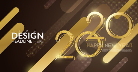 Happy new year 2020! background. Minimalistic banner with gold text and golden background. Vector illustration template.