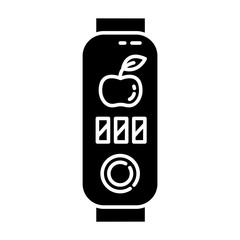 Fitness tracker with calories counter glyph icon. Wellness app with nutrition habits monitoring. Wireless gadget meal notification. Silhouette symbol. Negative space. Vector isolated illustration