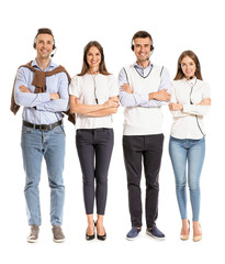 Fototapeta premium Team of technical support agents on white background