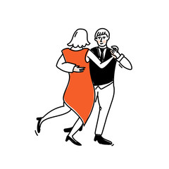 Romantic dance couple. Woman in elegant red dress and men in black vest with tie. Tango illustration, social dancing vector outline art