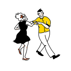 Swing dance, young couple in retro outfit. Funny fast shag. Girl in black dress and red flower in hair. Man in yellow shirt. Workshop illustration, vector doodle outline art