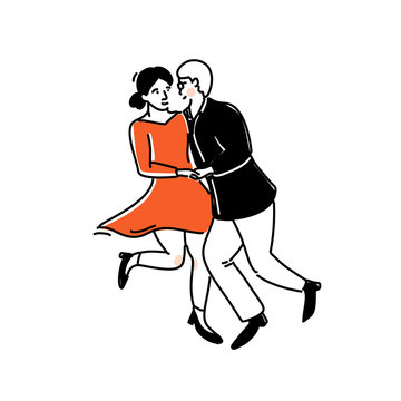 Couple dancing, man and woman in red dress in side by side position. Social dance illustration, doodle vector modern design