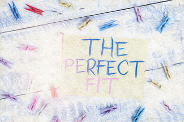 Conceptual hand writing showing The Perfect Fit. Concept meaning Puzzle pieces fitting Good teamwork Connection Integration Colored clothespin rectangle shaped paper blue background