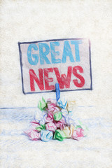Handwriting text writing Great News. Conceptual photo someone or something that is positive encouraging and uplifting Reminder pile colored crumpled paper clothespin reminder white wooden space