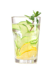 Glass of cucumber infused water on white background