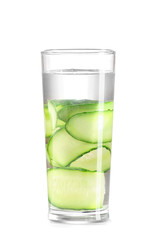Glass of cucumber infused water on white background