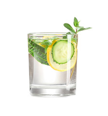Glass of cucumber infused water on white background