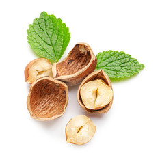 Tasty hazelnuts on white background