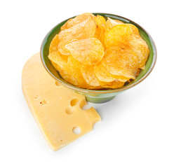 Bowl with tasty potato chips and cheese on white background