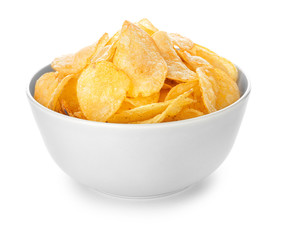 Bowl with tasty potato chips on white background