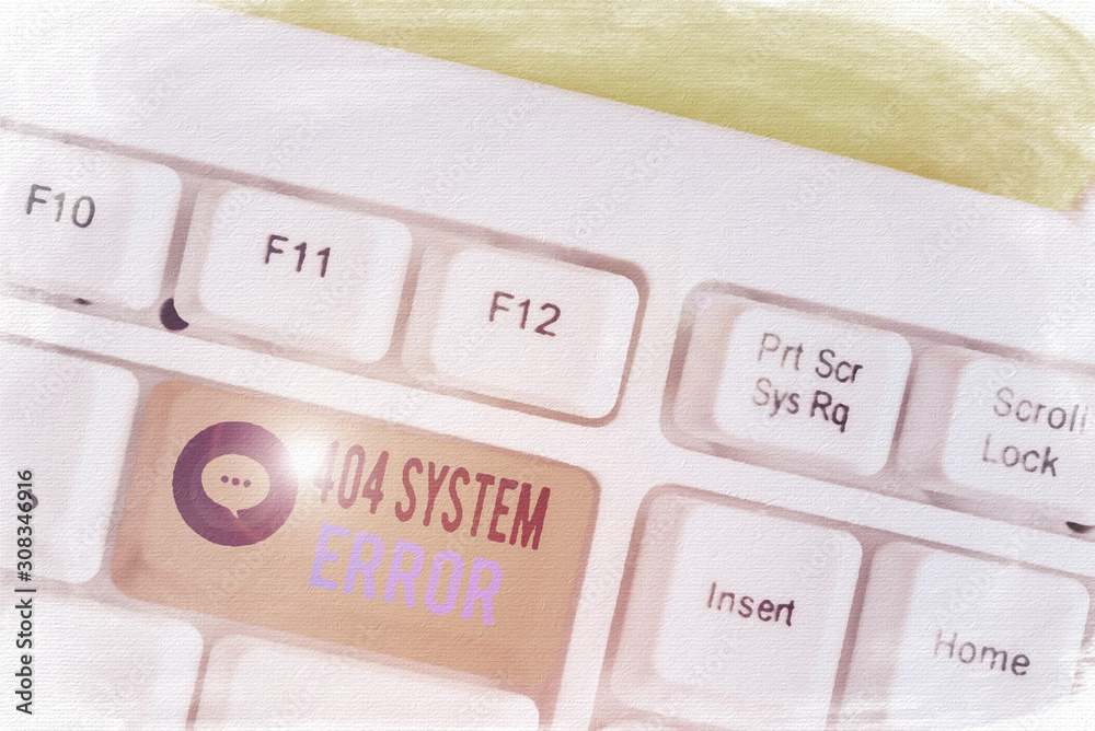 Fototapete Conceptual hand writing showing 404 System Error. Concept meaning message appears when website is down and cant be reached White pc keyboard with note paper above the white background