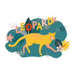 Vector leopard flat illustration with lettering