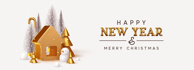 Happy New Year! Christmas trees lush and 3d golden conical fir, winter snow composition. Gold house. New Year Gold metal volumetric title text. Creative Horizontal banner, poster, header for website.