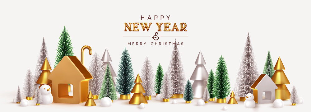 Happy New Year! Christmas trees lush green and silver and 3d golden conical, winter composition. Gold house. New Year Gold metal volume title text. Xmas holiday gift card. Creative stylish background