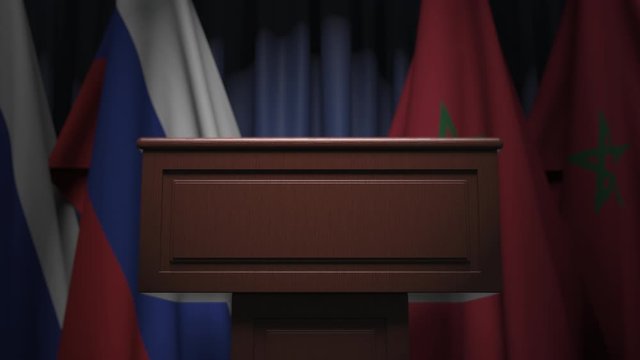 Many flags of Morocco and Russia behind speaker tribune, 3D animation