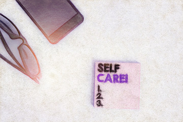 Text sign showing Self Care. Business photo showcasing the practice of taking action to improve one s is own health Dark eyeglasses colored sticky note smartphone fashion pastel background