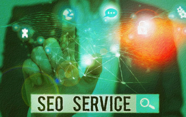 Word writing text Seo Service. Business photo showcasing techniques and procedures to increase the...