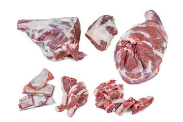 Fresh and raw sheep or lamb meat pieces for sale on box from the farm . on white background