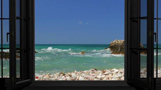 Animation view of the hotel window on the sea and the waves. Weekend trip, spa relaxation