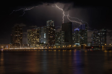 Fototapeta na wymiar lightning strikes behind the big city