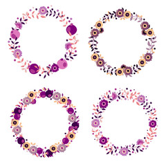 Set of vector purple floral wreaths