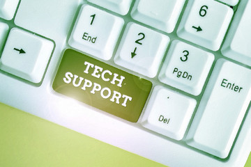 Text sign showing Tech Support. Business photo showcasing advising and troubleshooting service provided by a analysisufacturer White pc keyboard with empty note paper above white background key copy