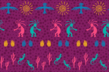 South american Peru flute player vector ethnic tribal motifs seamless pattern. 