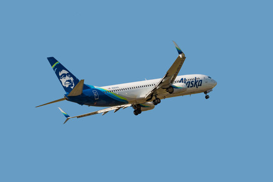 Chicago, USA - July 30, 2019: Alaska Airlines Boeing 737 aircraft on final approach at O'Hare International Airport.