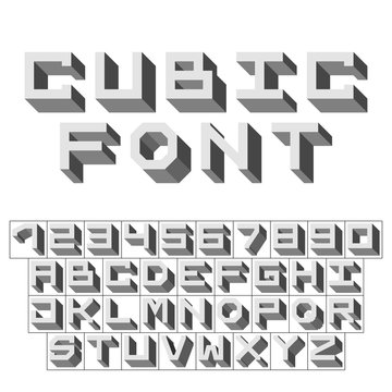 Letters and numbers - isometric cubic font 3d, front top down right view - bright gray letter and number set - vector