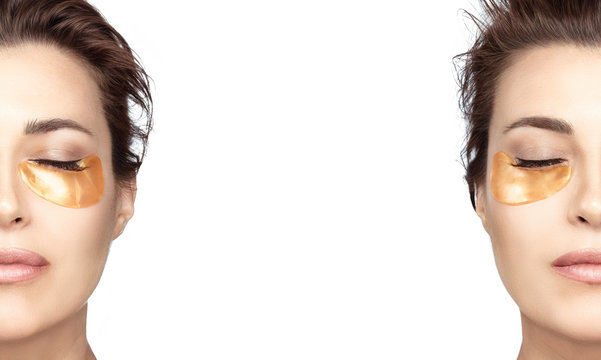 Split portrait of a woman using hydrating collagen eye pads