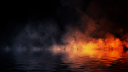 The confrontation of water vs fire. Mystical smoke with reflection on the shore. Stock illustration background. Design element.