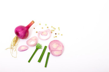 Fresh onions and onion leaf ,onion  flower isolated on a white background