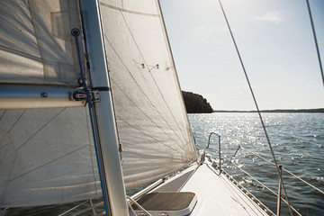 Sailing boat, view from the deck of the yacht. Vacation on a boat.