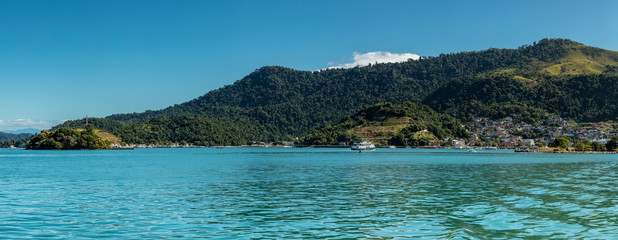Obraz premium Panoramic Tropical sea of Angra dos Reis bay, beach holidays on the coast of Rio de Janeiro, Brazil, world heritage site