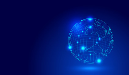 The world map sphere, the dot line connection constructs the globalization, the internationalization network science and technology background