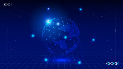 The world map sphere, the dot line connection constructs the globalization, the internationalization network science and technology background