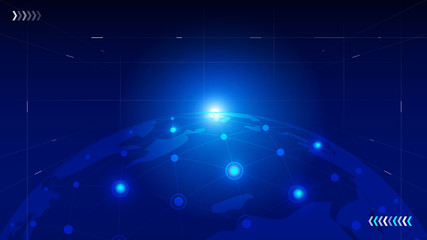 The world map sphere, the dot line connection constructs the globalization, the internationalization network science and technology background