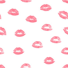 Seamless pattern pink lips kisses prints. Valentines day background